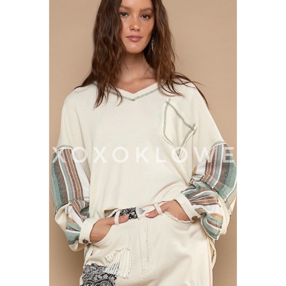 POL Cream Waffle Knit Oversized Top | Striped Long Sleeve Pullover Thermal
